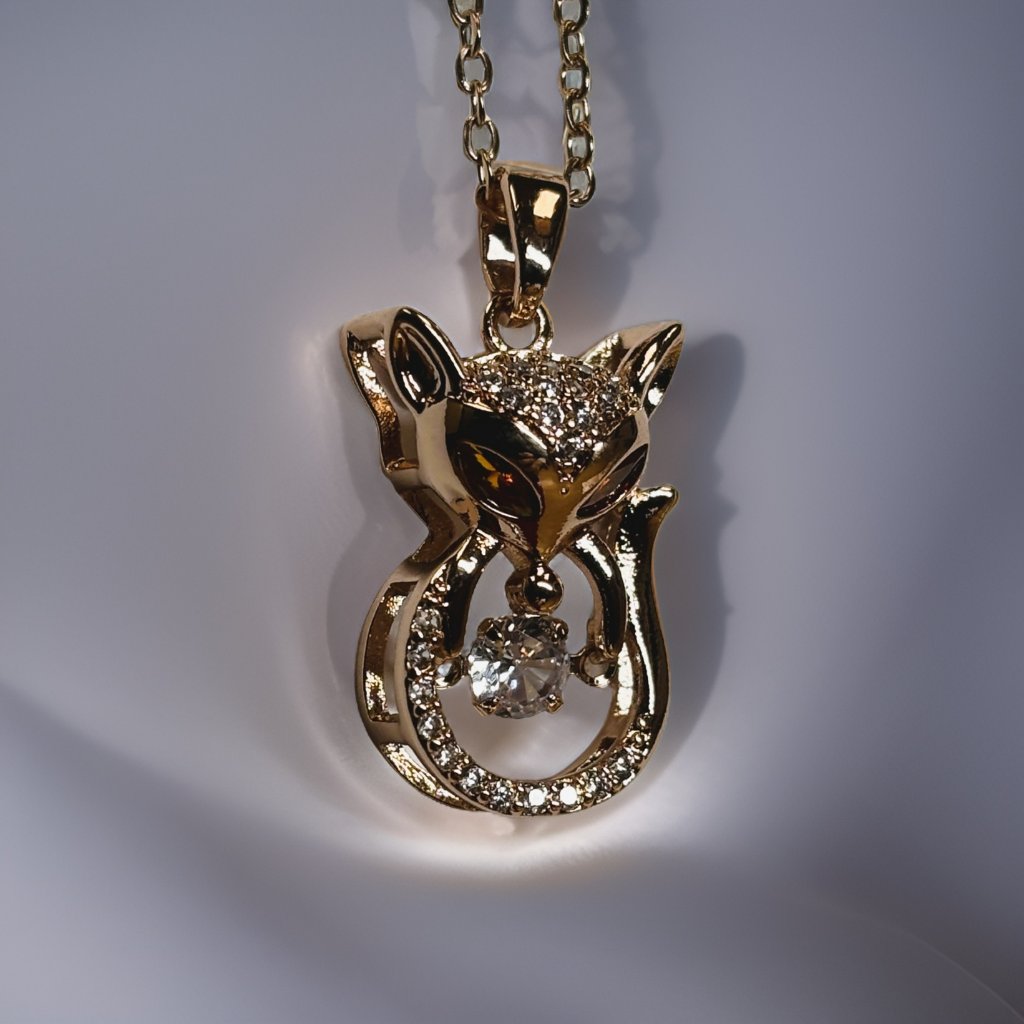 Rose Gold 0.8 Ct Zircon Ruby Eyes Fox With Round Cut Floater Pendant Necklace
